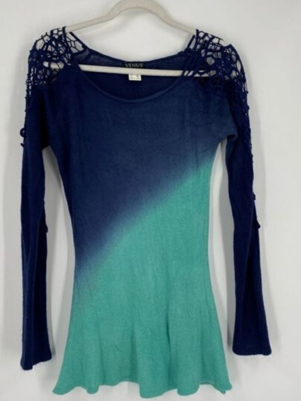 Teal Navy Ombre Dipped Fade Long-Sleeve Top with Crochet Shoulders Size Medium
